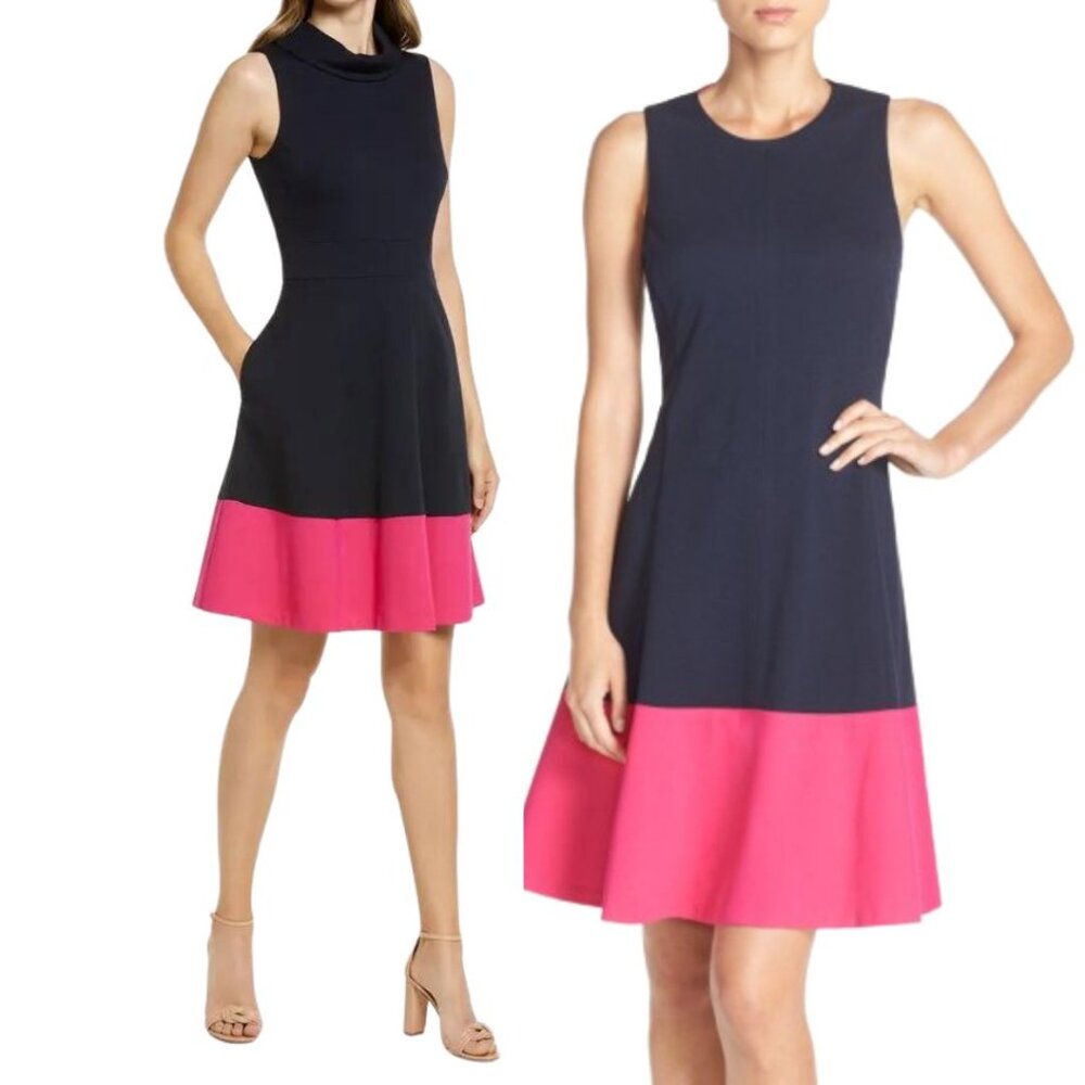 Eliza J Fit & Flare Dress 4 Navy Blue Pink Colorblock Hem Cowl Neck